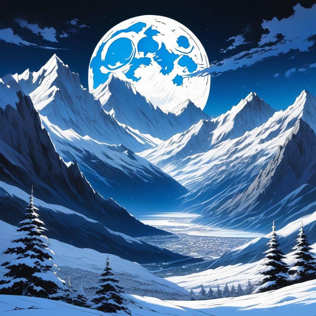 Full Moon Over Snow Mountains in Comic Book Art