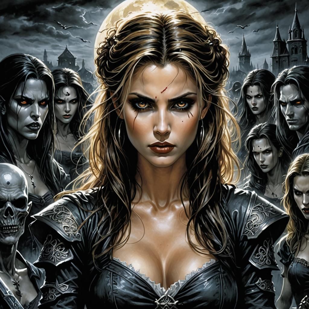 Vampire Slayer in Graveyard, Illustrated in Gothic Style