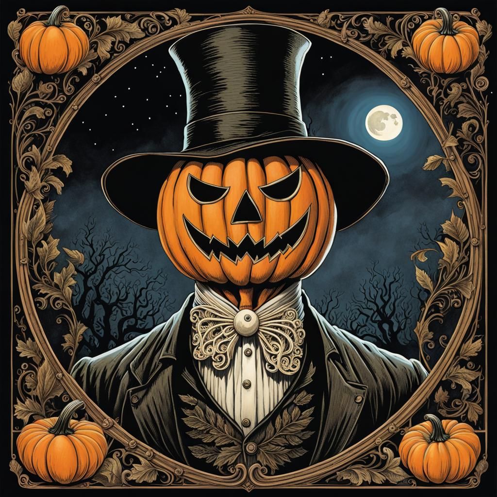 Moonlit Anthropomorphic Pumpkin Portrait in Graphic Novel St...