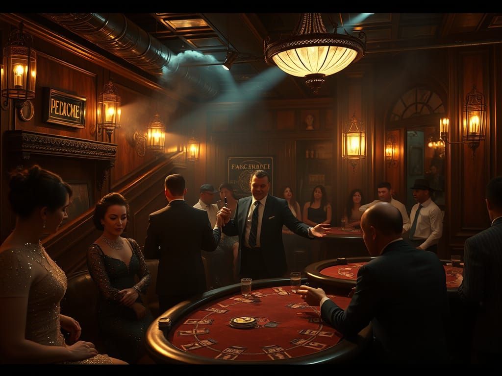 Roaring Twenties Speakeasy Scene in Film Noir Style