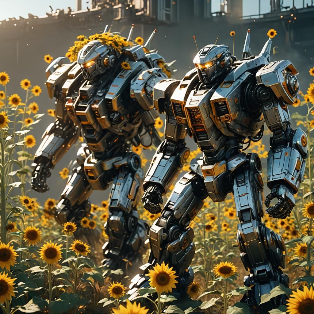 Giant Mecha Robots Battle in Sunflower Field