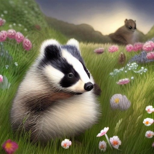 Chibi Badger in English Meadow, Digital Art