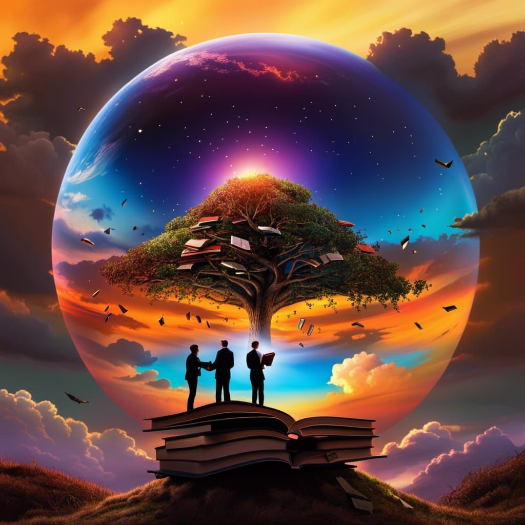 Tree of Books with Flying Pages at Sunset