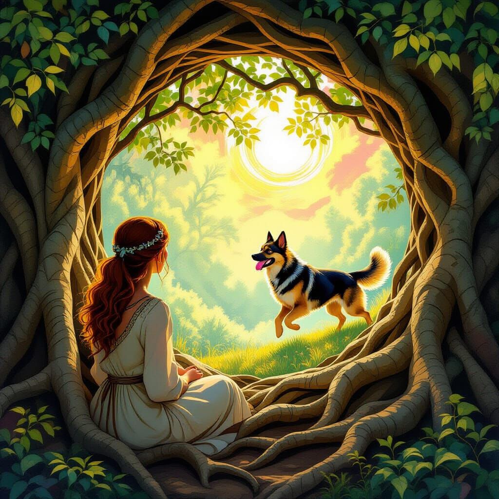 Woman Gazes Through Portal to Dog in Sunlit Forest, Art Nouv...