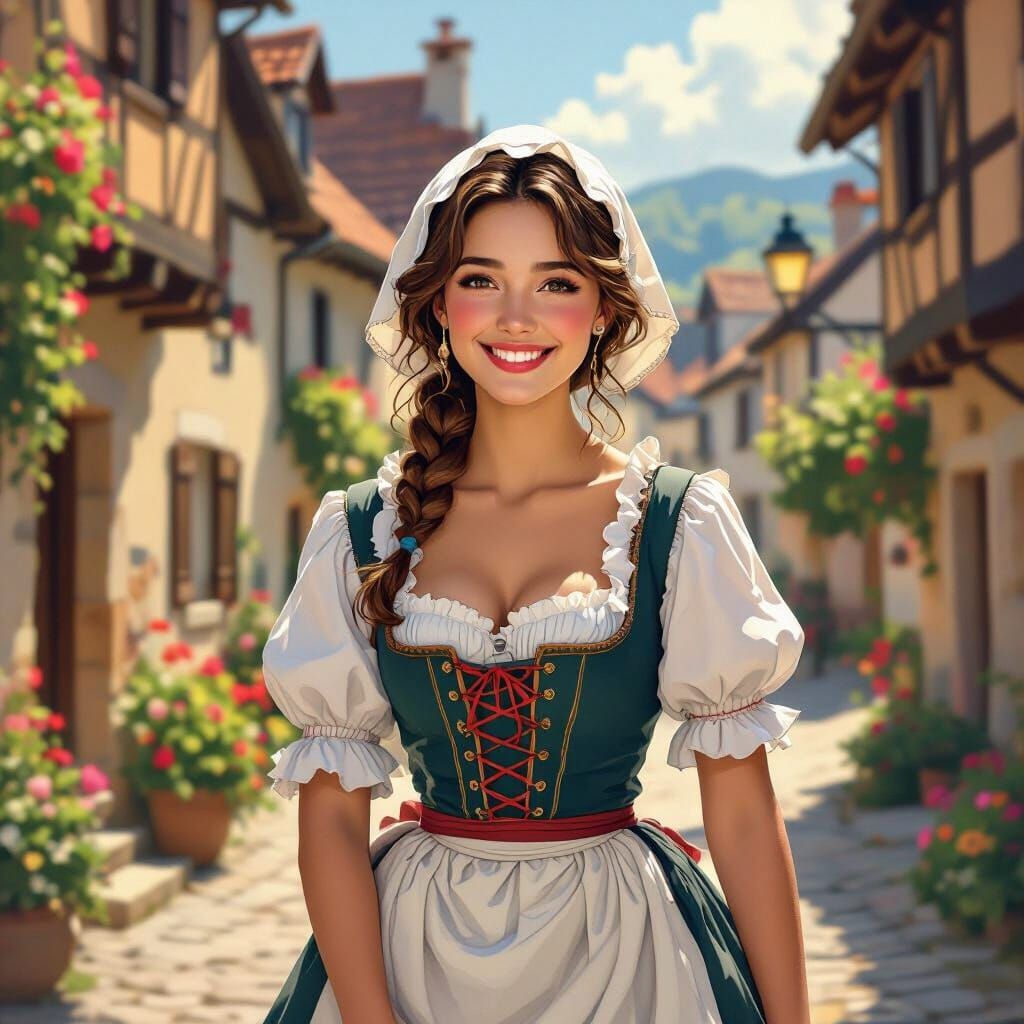 Milkmaid in French Village, Impressionist Retrowave Art