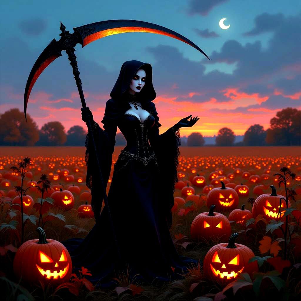 Sensual Grim Reaper in Autumn Pumpkin Field