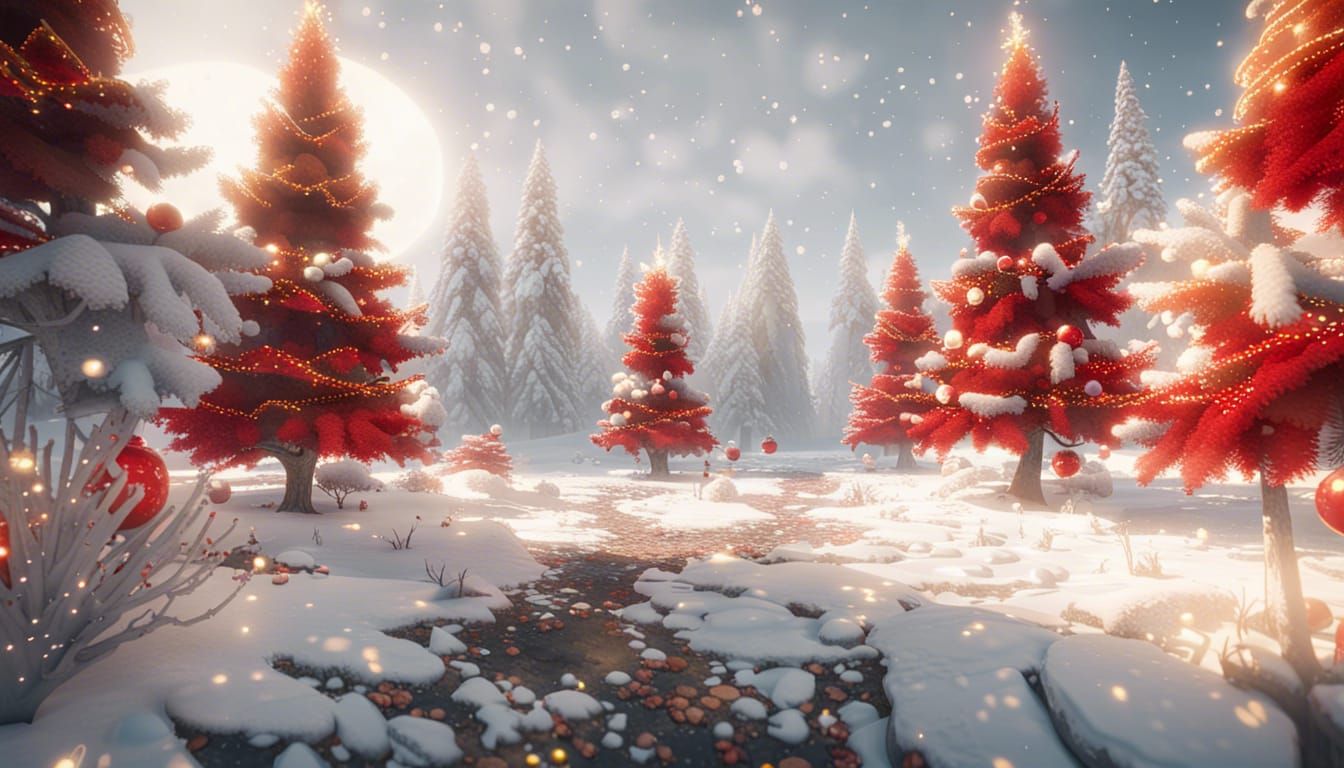 frosty gold red christmas trees snowing decorations 3D Game Cinematic Feel, Epic 3D Videogame Graphics, Intricately Deta...