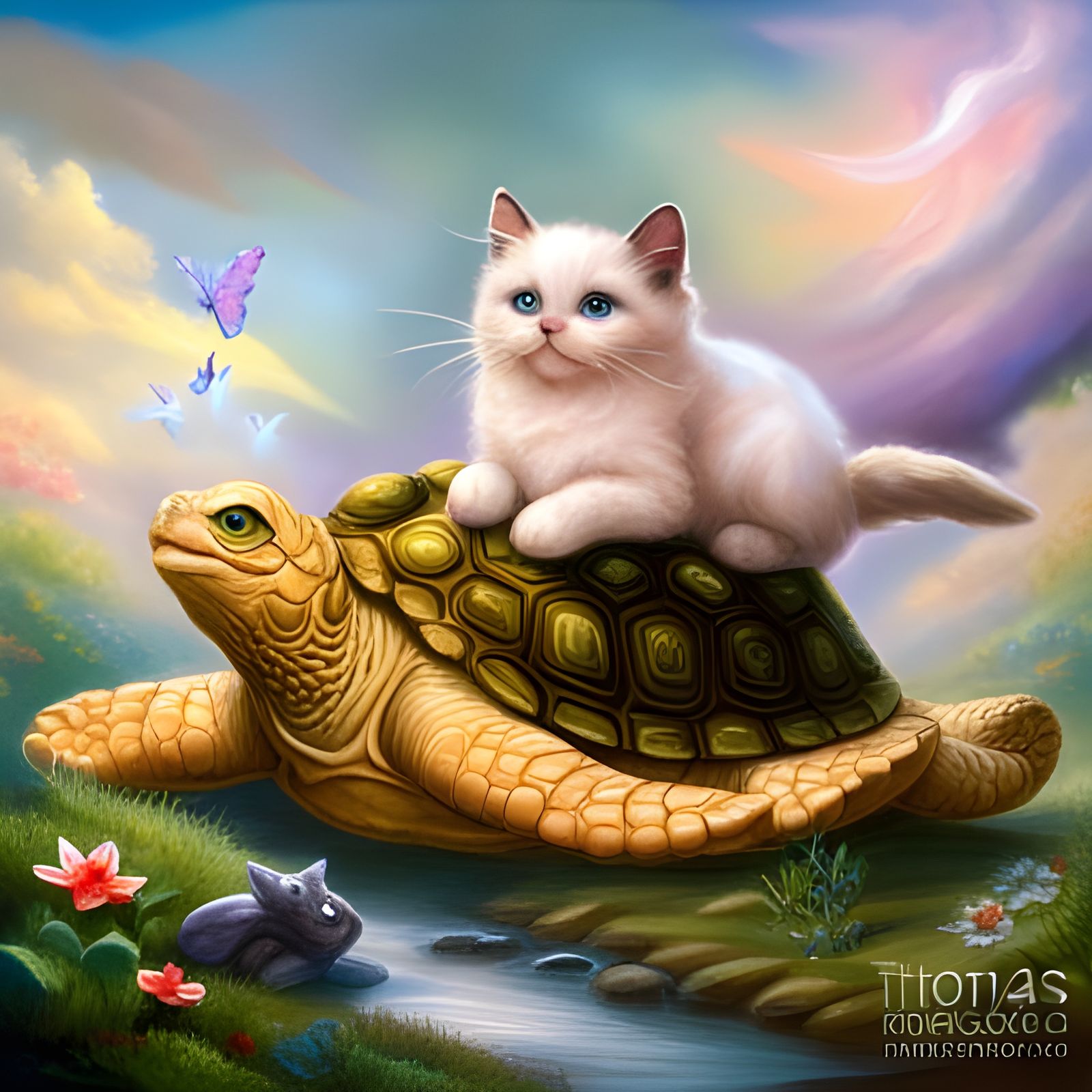 Ragdoll Kitten Rides Tortoise in Ethereal Fantasy Style