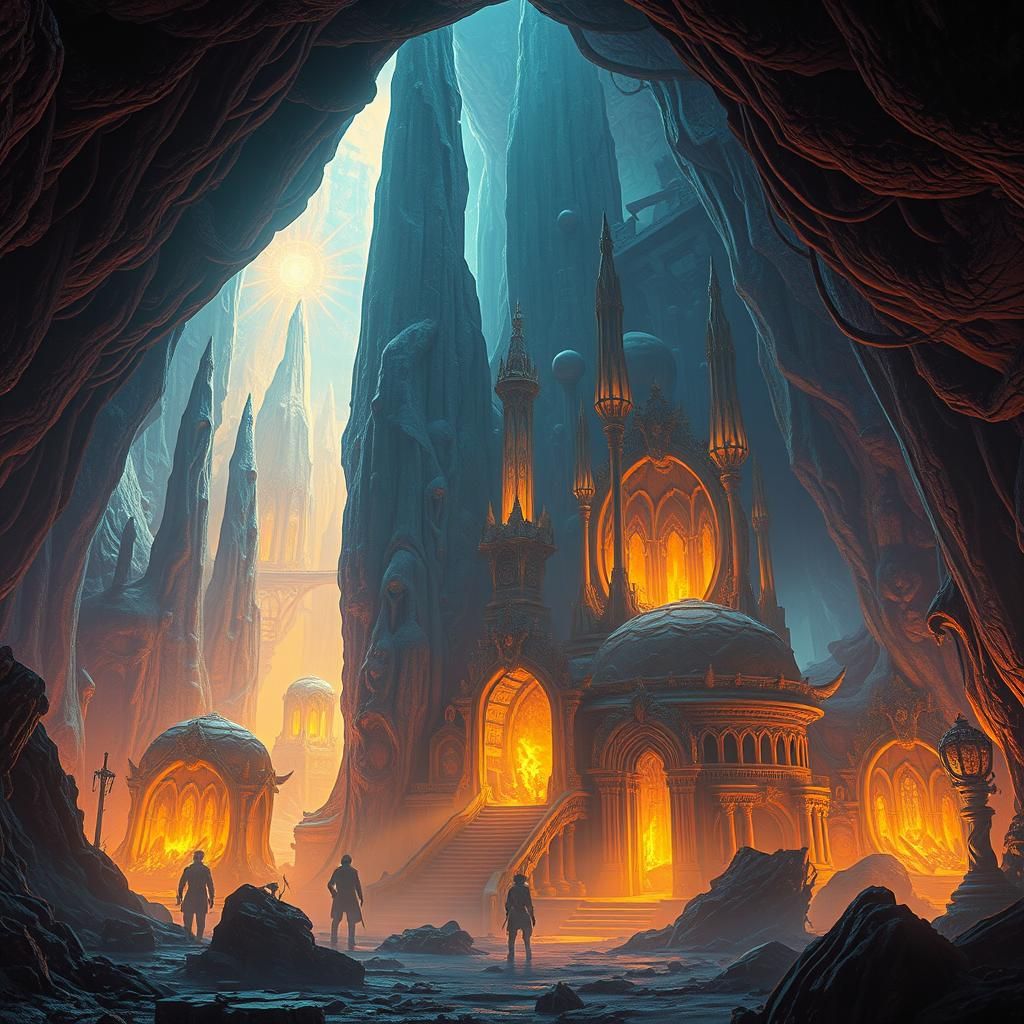 Alien Cavescape with Crystalline Formations in Fantasy Art