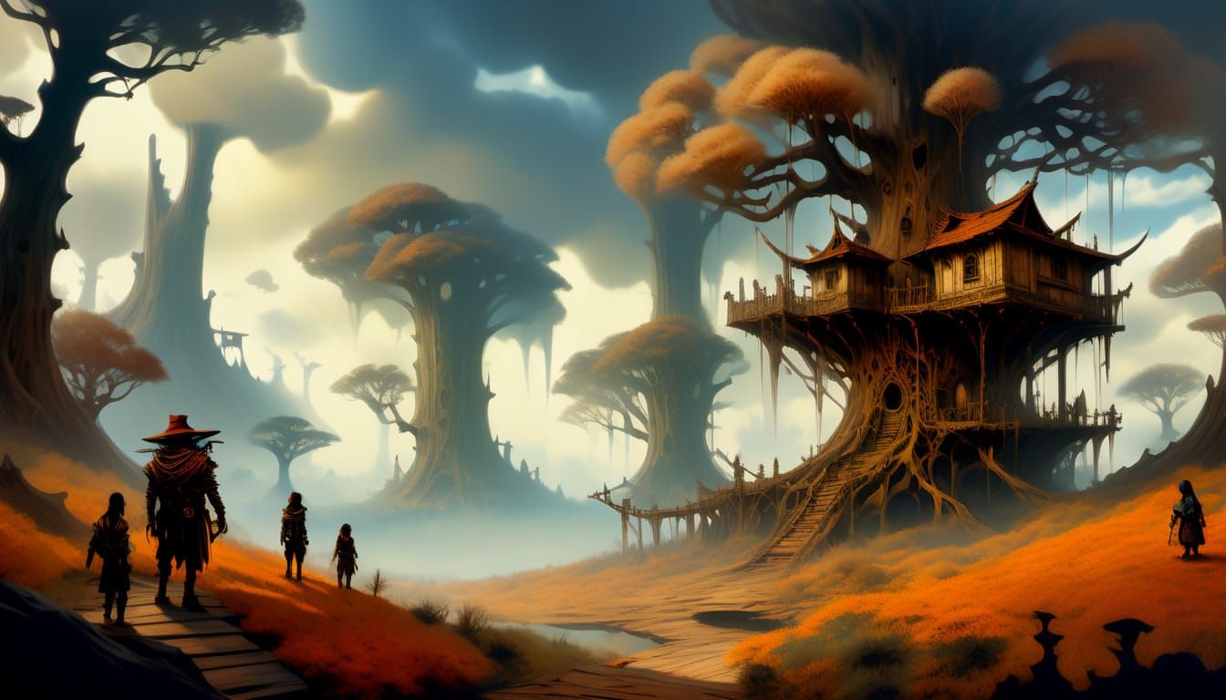 Mystical Treehouse Village in Dark Fantasy Landscape