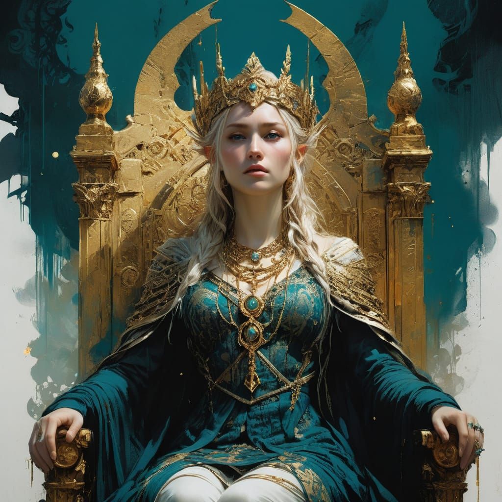 Norse Goddess on Ornate Throne, Ethereal and Hyperdetailed