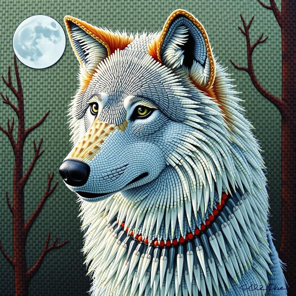 Beadwork Wolf in Indigenous Amanda Sage Style