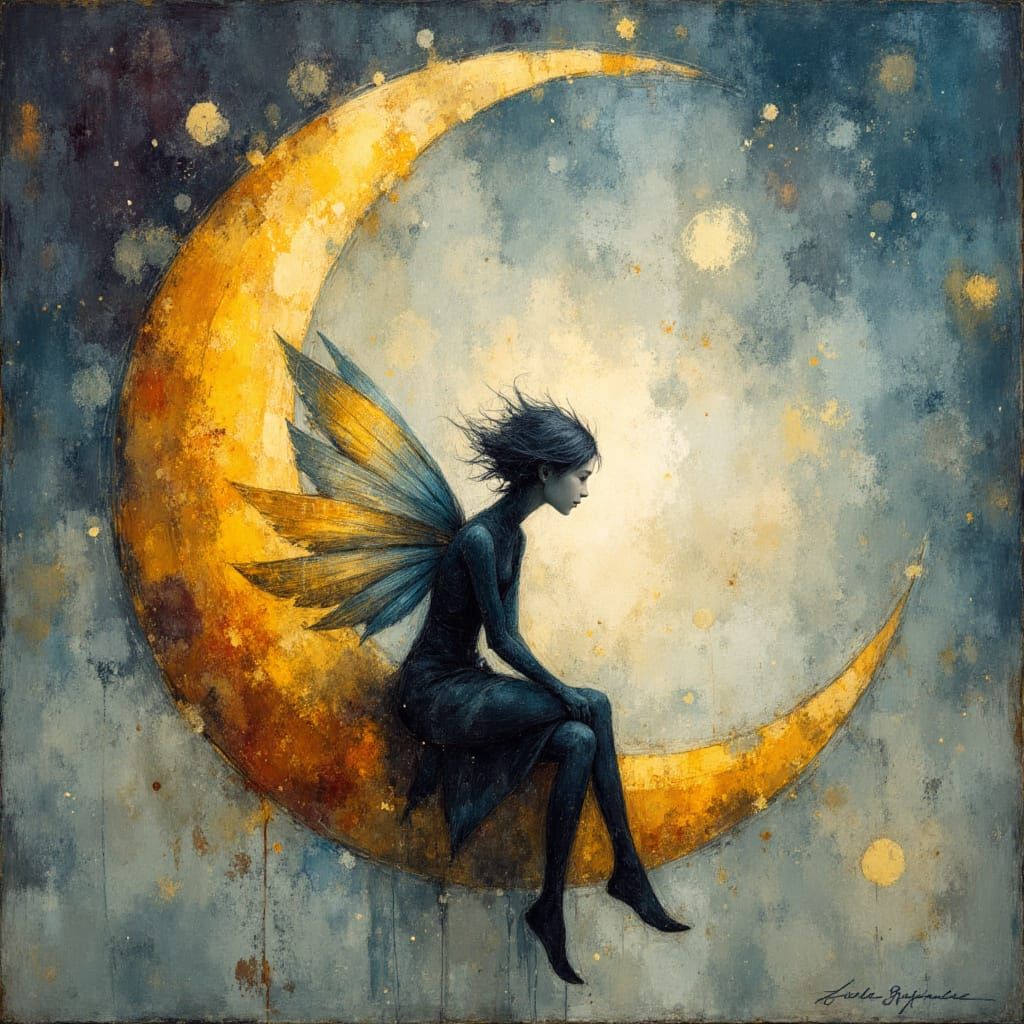Pixie on Moon in Vibrant Alcohol Ink and Charcoal