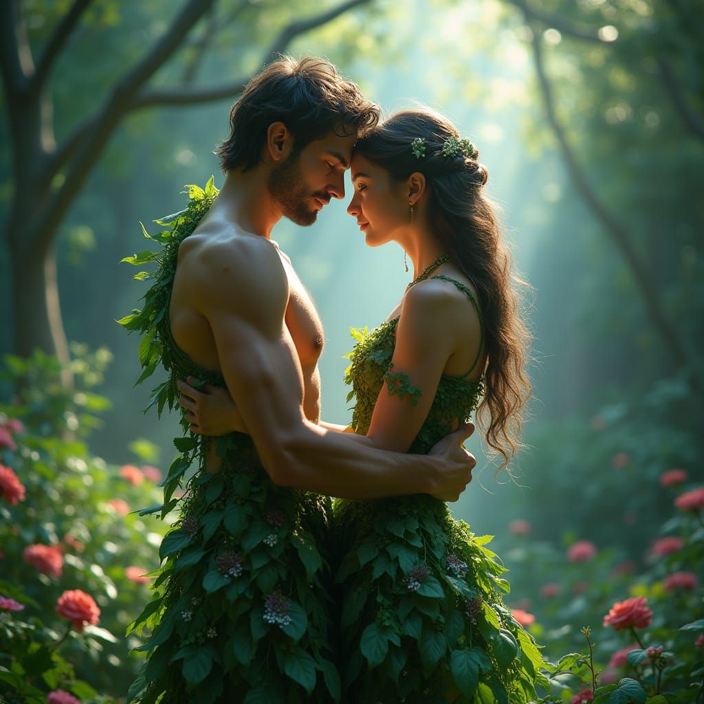 Adam and Eve in Lush Garden of Eden, Wearing Delicate Leaf G...