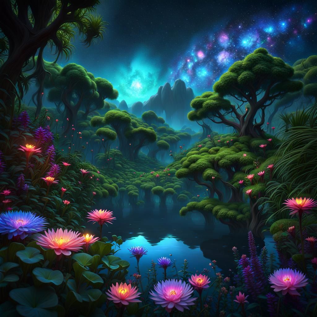 Bioluminescent Jungle Lake Under a Starry Sky