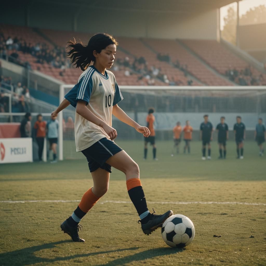 Girl with Freckles Kicks Soccer Ball in Stadium