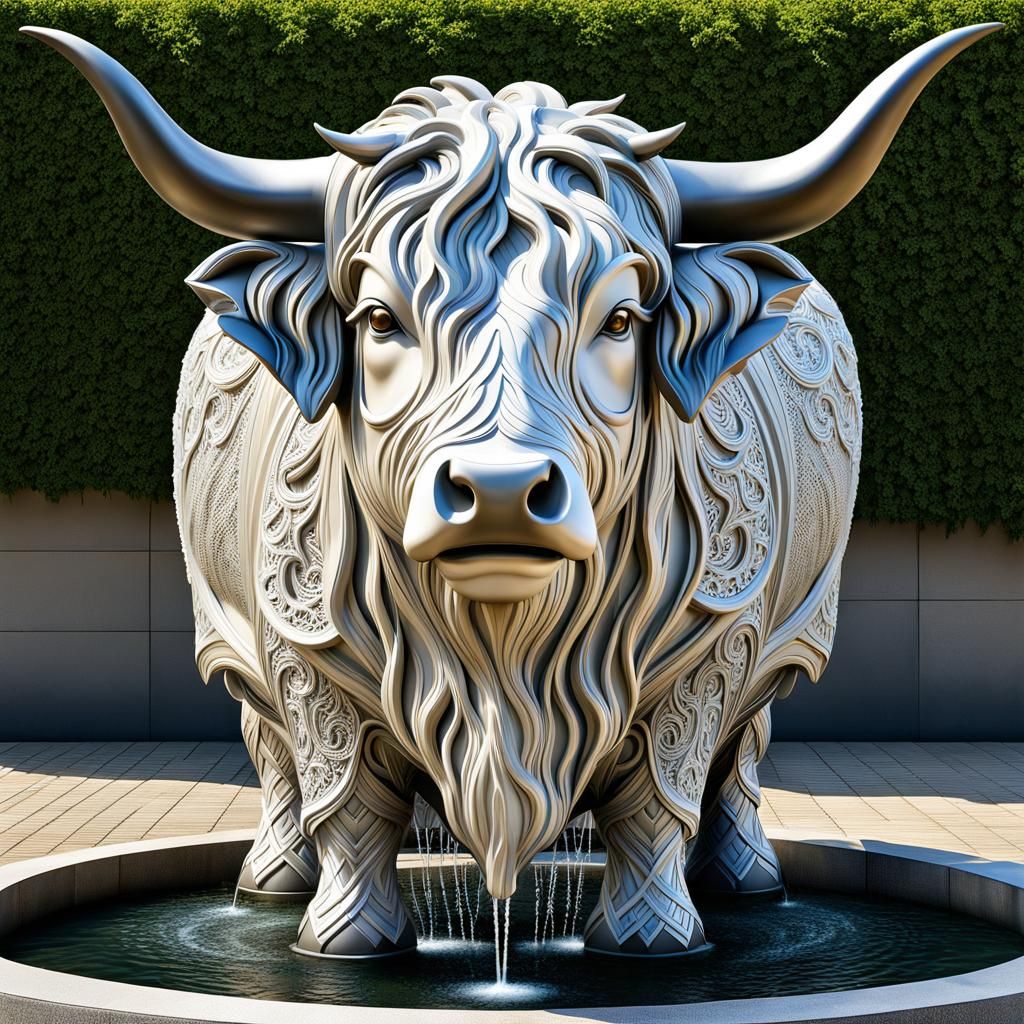 Highland Cow Fountain in Detailed Filigree