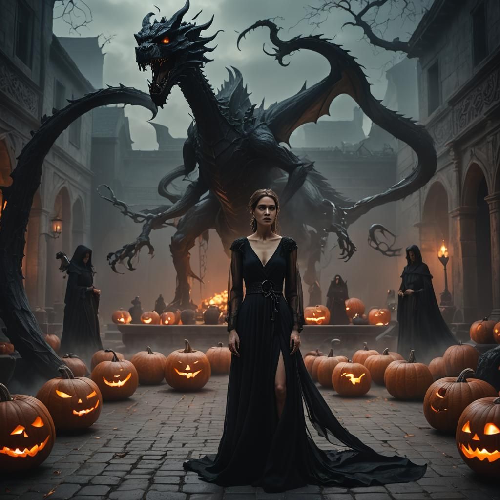 Dark Fantasy Woman with Dragon in Gothic Courtyard