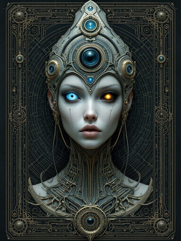 Cybernetic Oracle in a Futuristic Arcane Realm