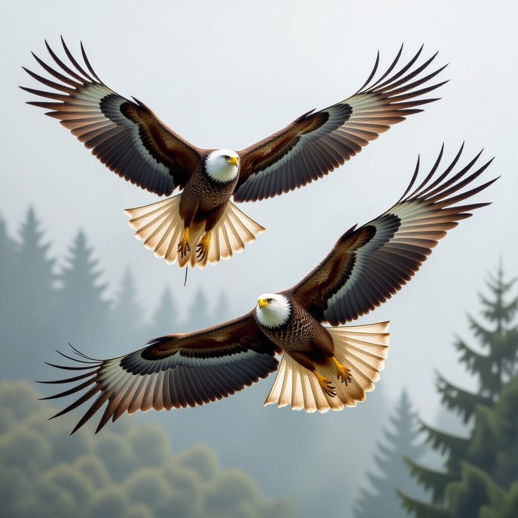 Majestic Birds of Prey Soaring in Misty Skies