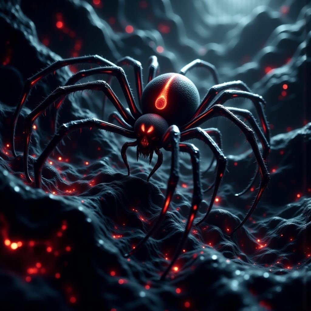 Deadly Black Widow in Shimmering Web