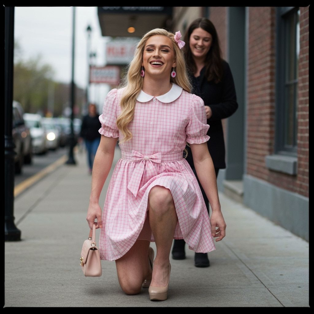 Crossdressed Man in Plaid Babydoll Dress on Sidewalk