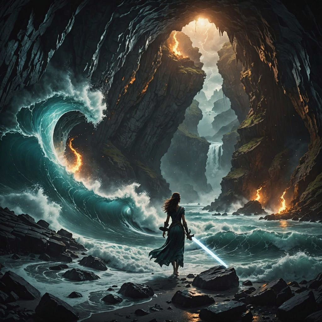 Eerie Cave Scene: Serpent Woman Swallowed by Waves