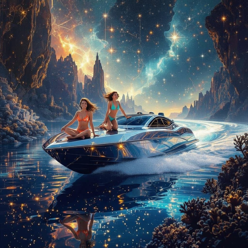 Chrome Stealth Boat in Starlight Nebula with Holographic Cor...