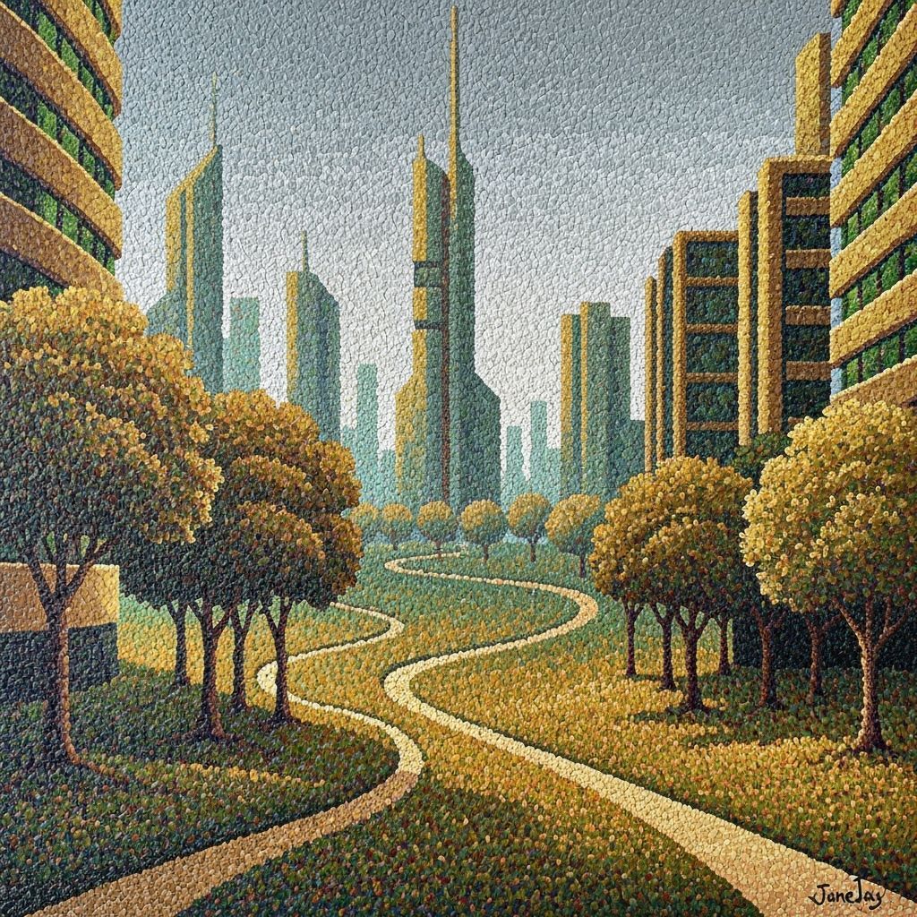 Pointillist Futuristic Cityscape with Winding Path