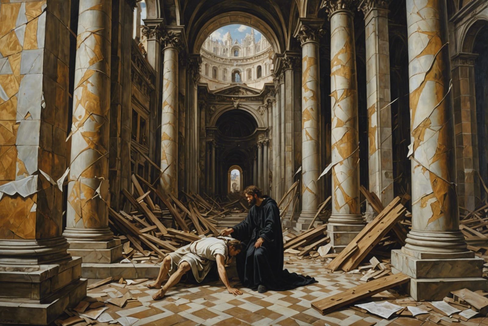 Shattered Cathedral: Oil Painting in 19th Century Style