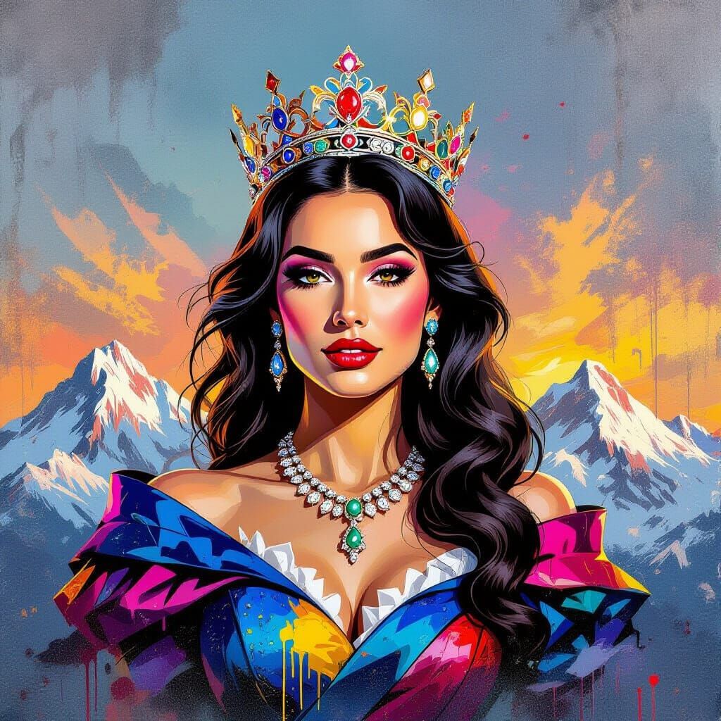 Queen on Mountain Peak in Graffiti Art Style
