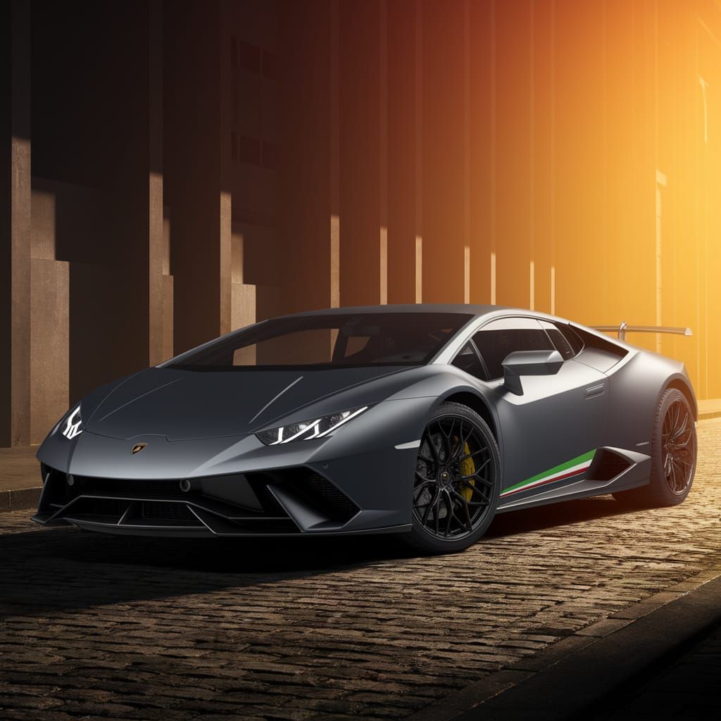 Grey Lamborghini Under Neon City Lights