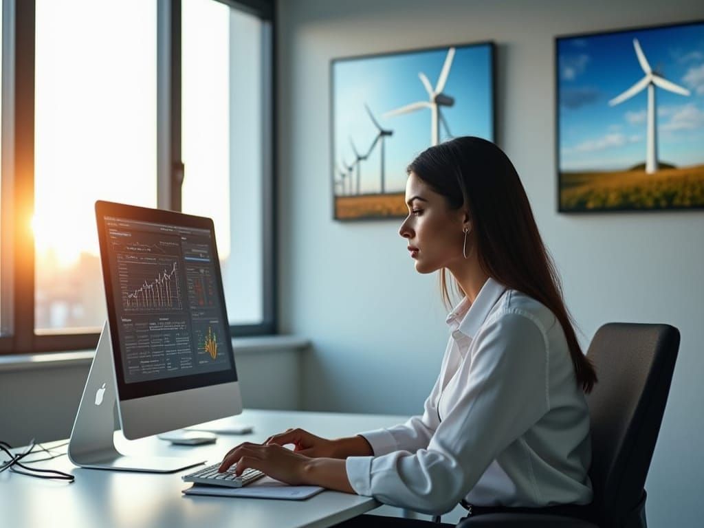 Woman Works in Minimalist Office with Modern Decor and Susta...