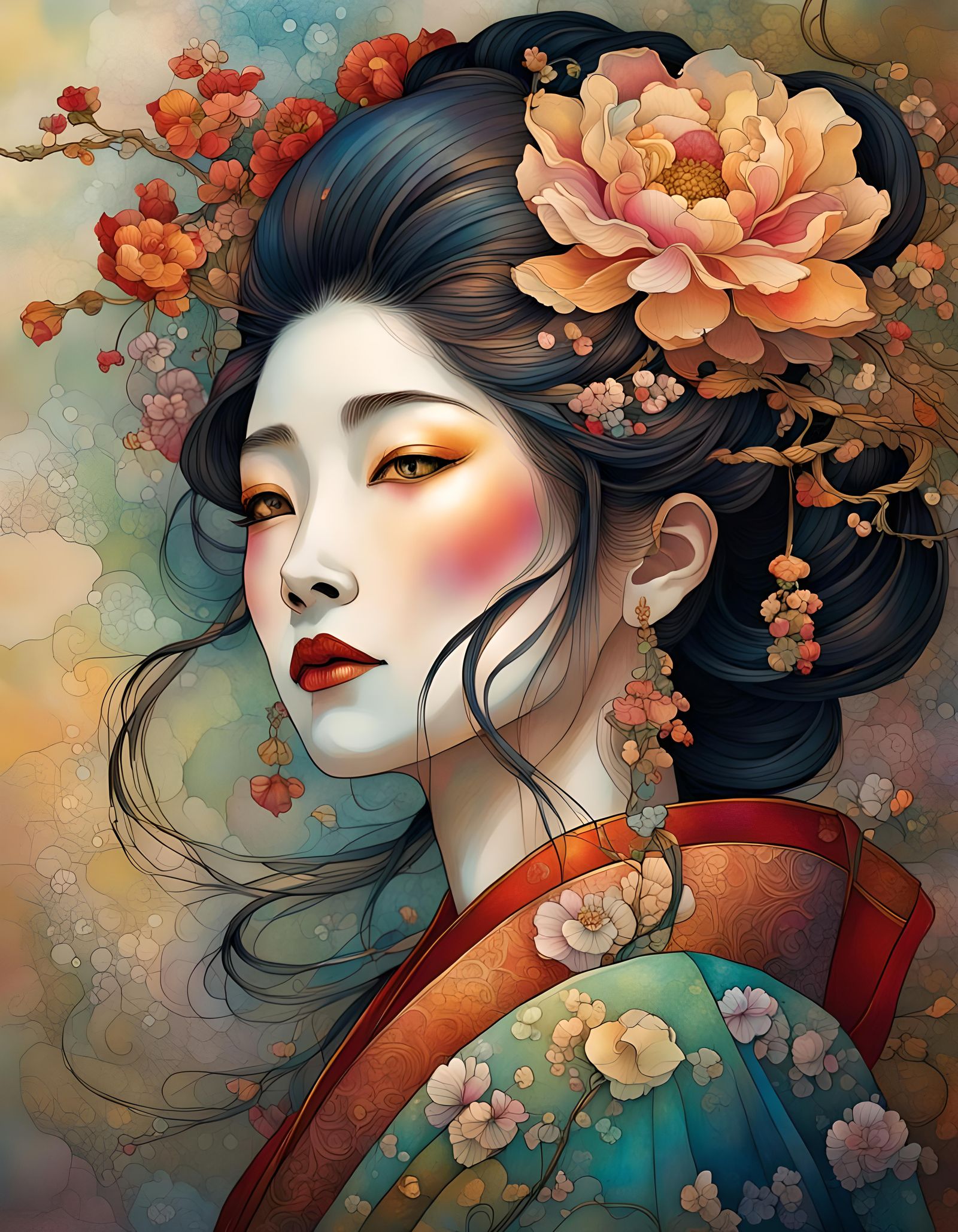 Geisha Portrait in Art Nouveau Floral Style