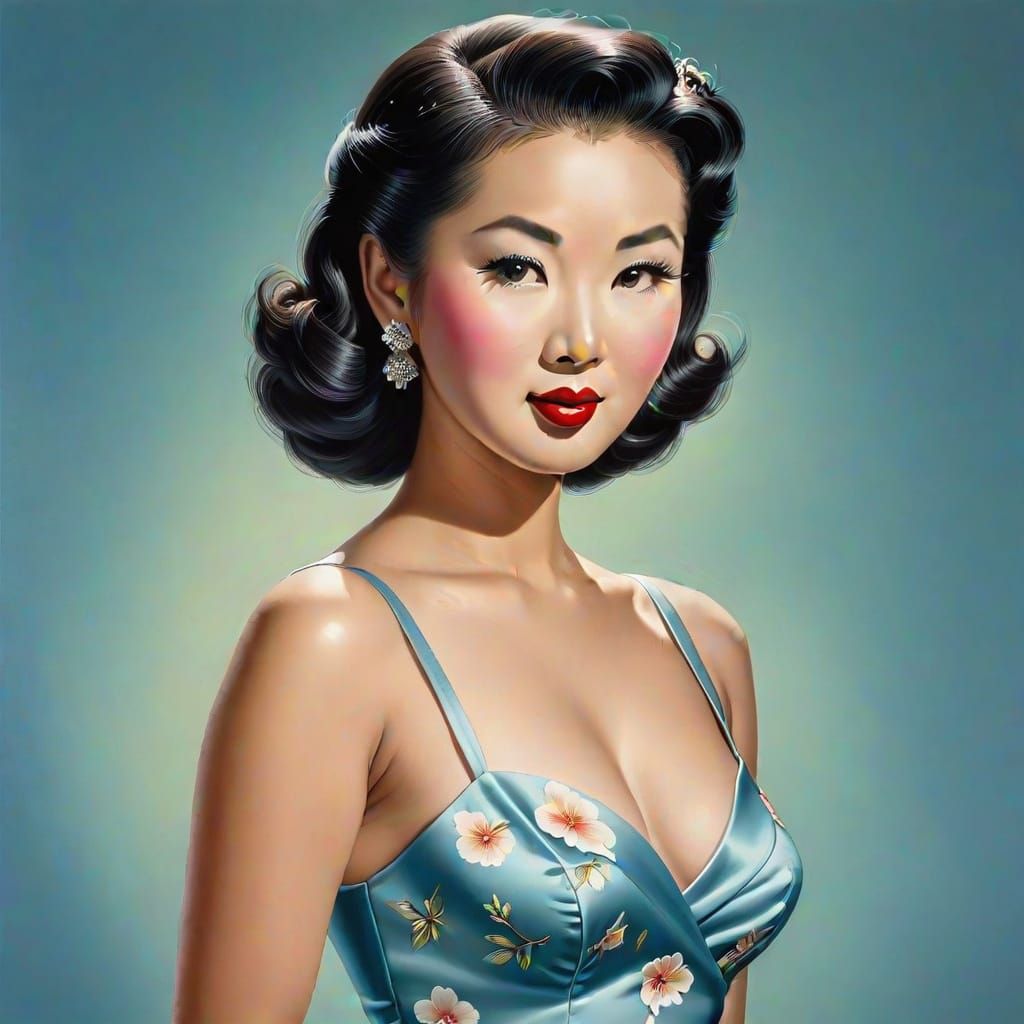 1950s Asian Pin-Up Woman Portrait, Airbrushed Style