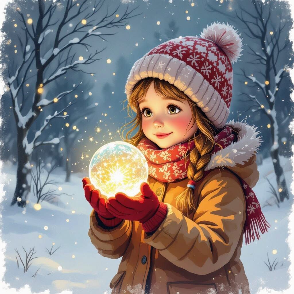 Girl Holding Glowing Snow Globe in Slavic Fairytale Style