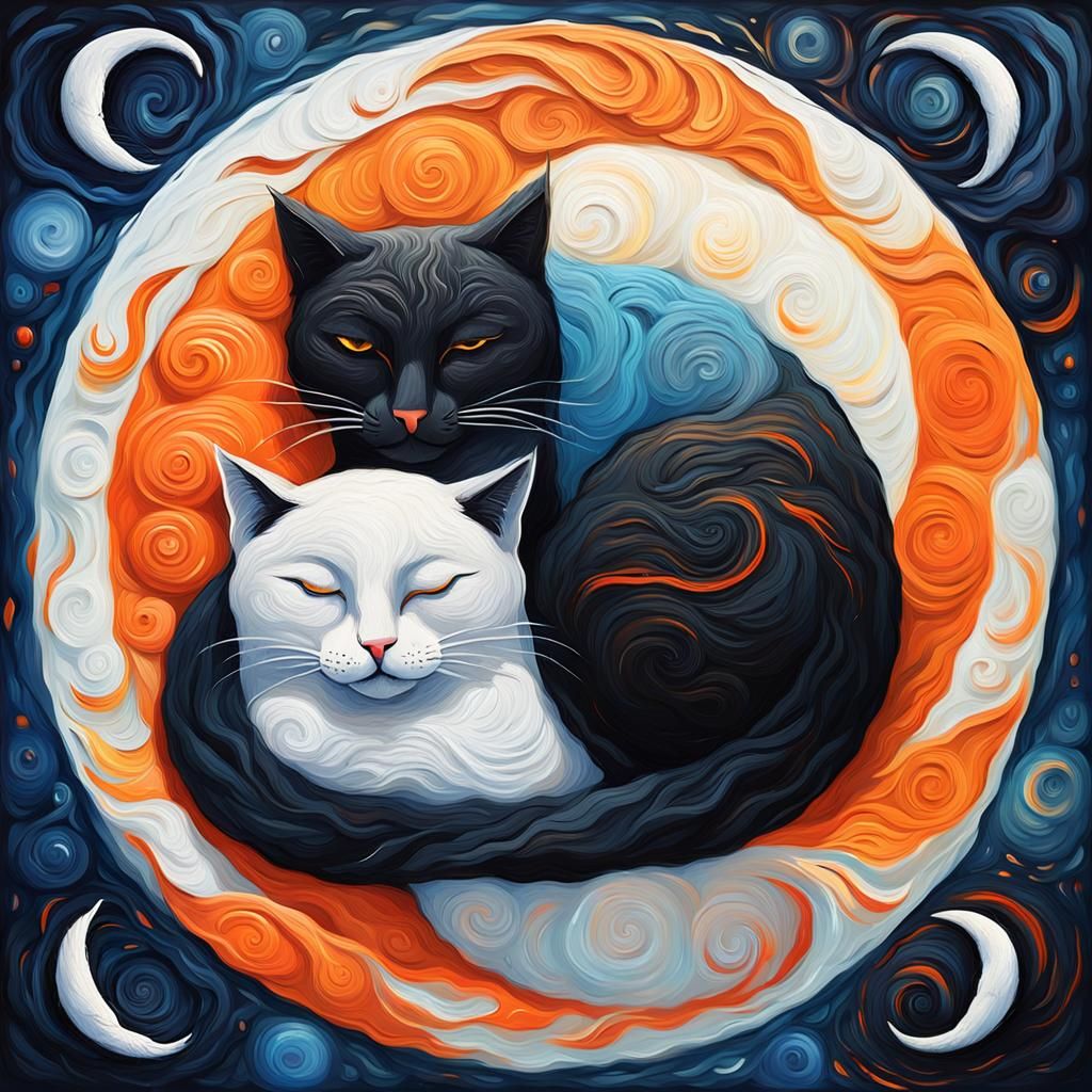 Cats Asleep in Yin-Yang Formation in Impasto Style