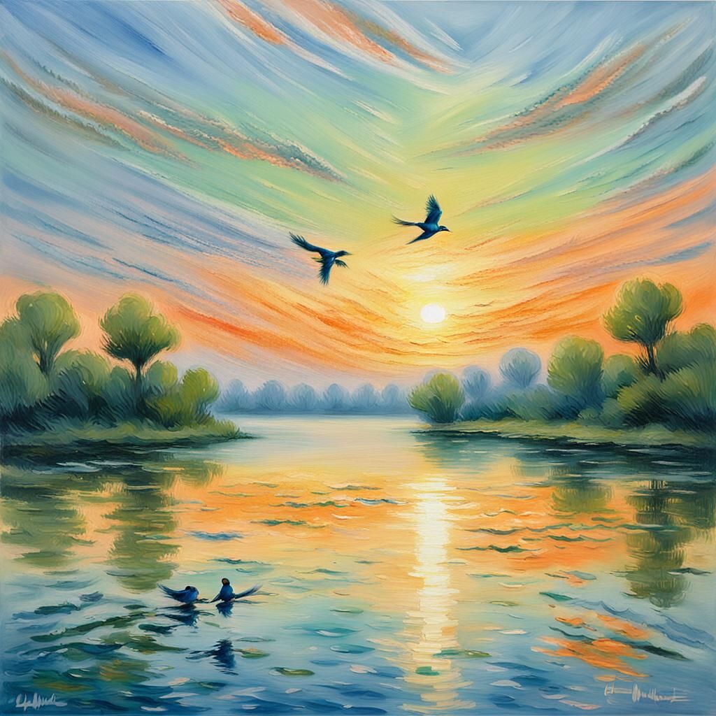 Serene African Dawn with Birds in Impressionist Style