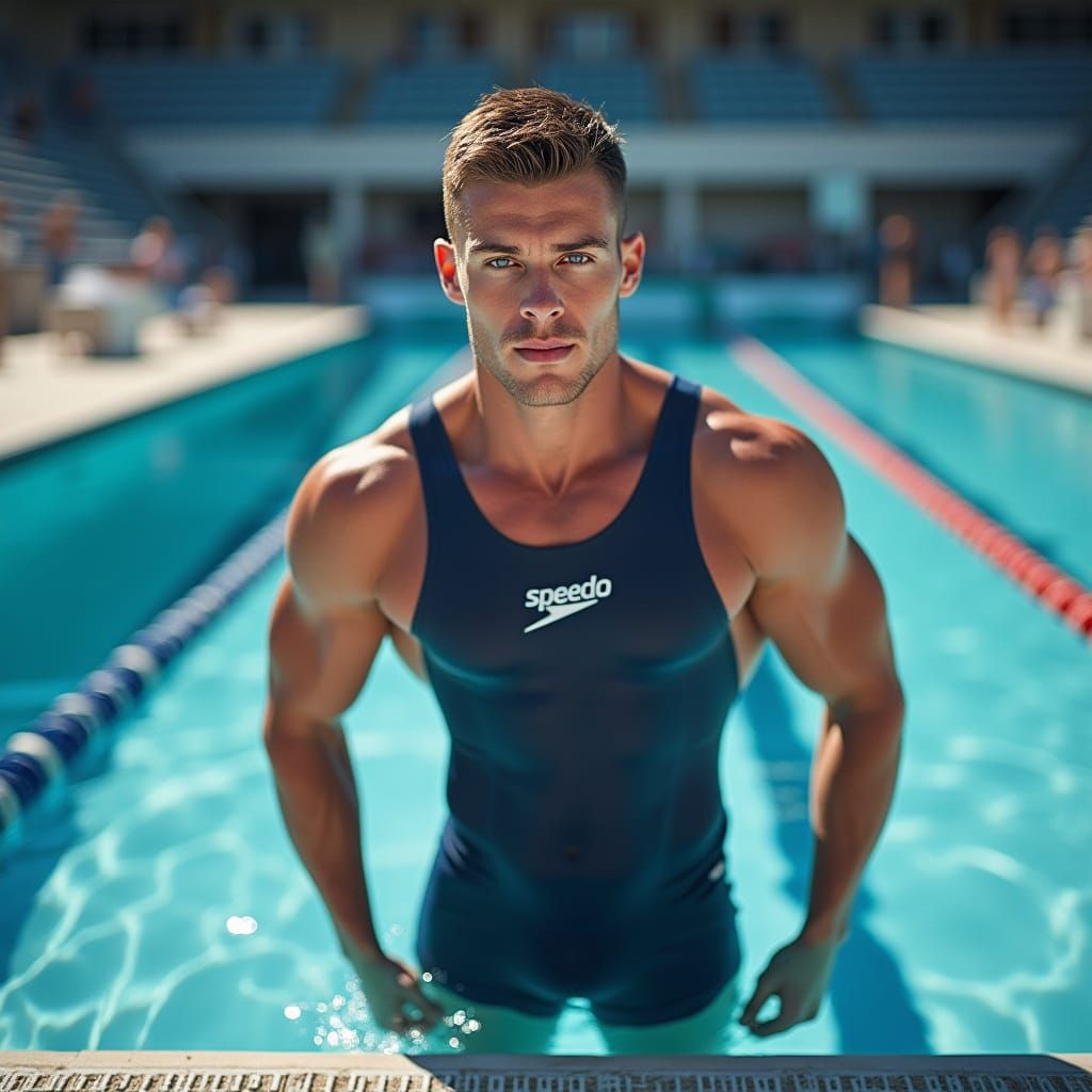 Confident Male Swimmer Posing on Pool Edge