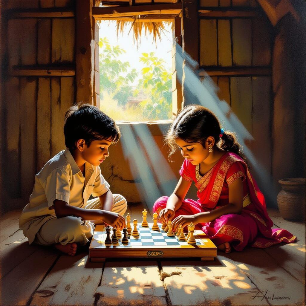 Children Play Chess in Sunlit Village Hut Oil Painting