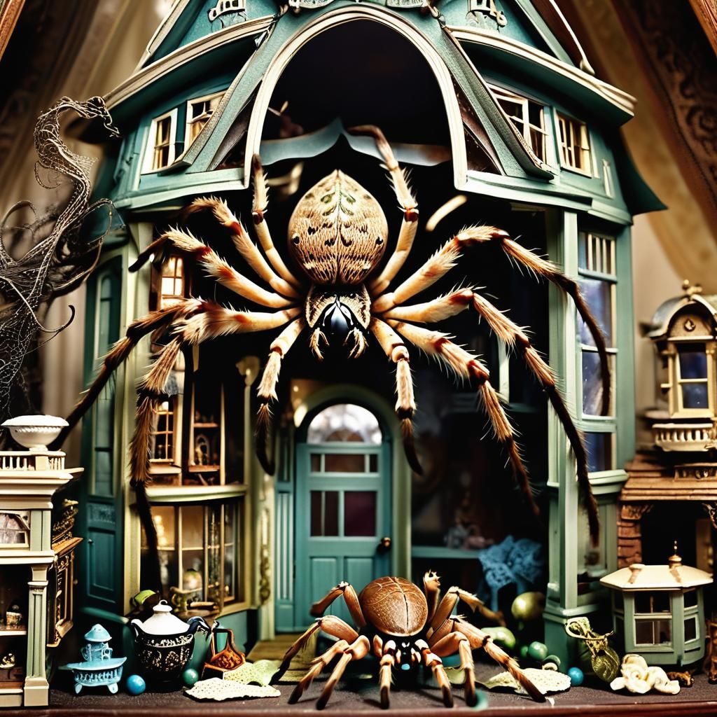 Giant Spider Crawls Through Victorian Dollhouse