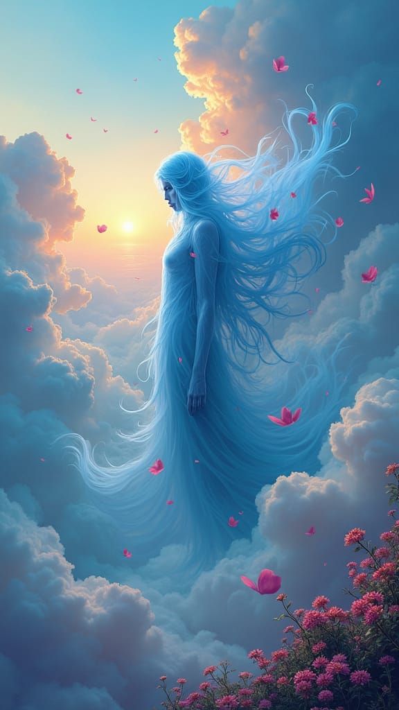 Mystical Figure in Swirling Cloudscape with Biomechanical Gr...