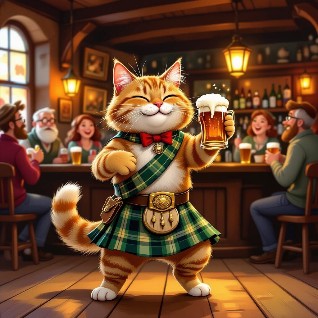 Ginger Cat Celebrates in Cozy Pub as Stylized Illustration