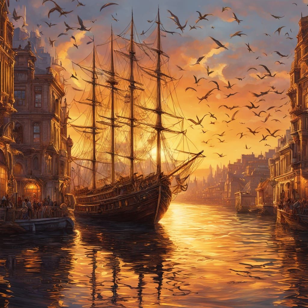 Fantasy Harbor Sunset Framed by Feather in Splash Art