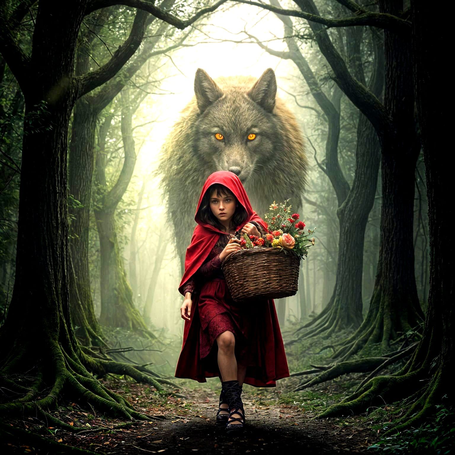Little Red Riding Hood in Dark Enchanted Forest