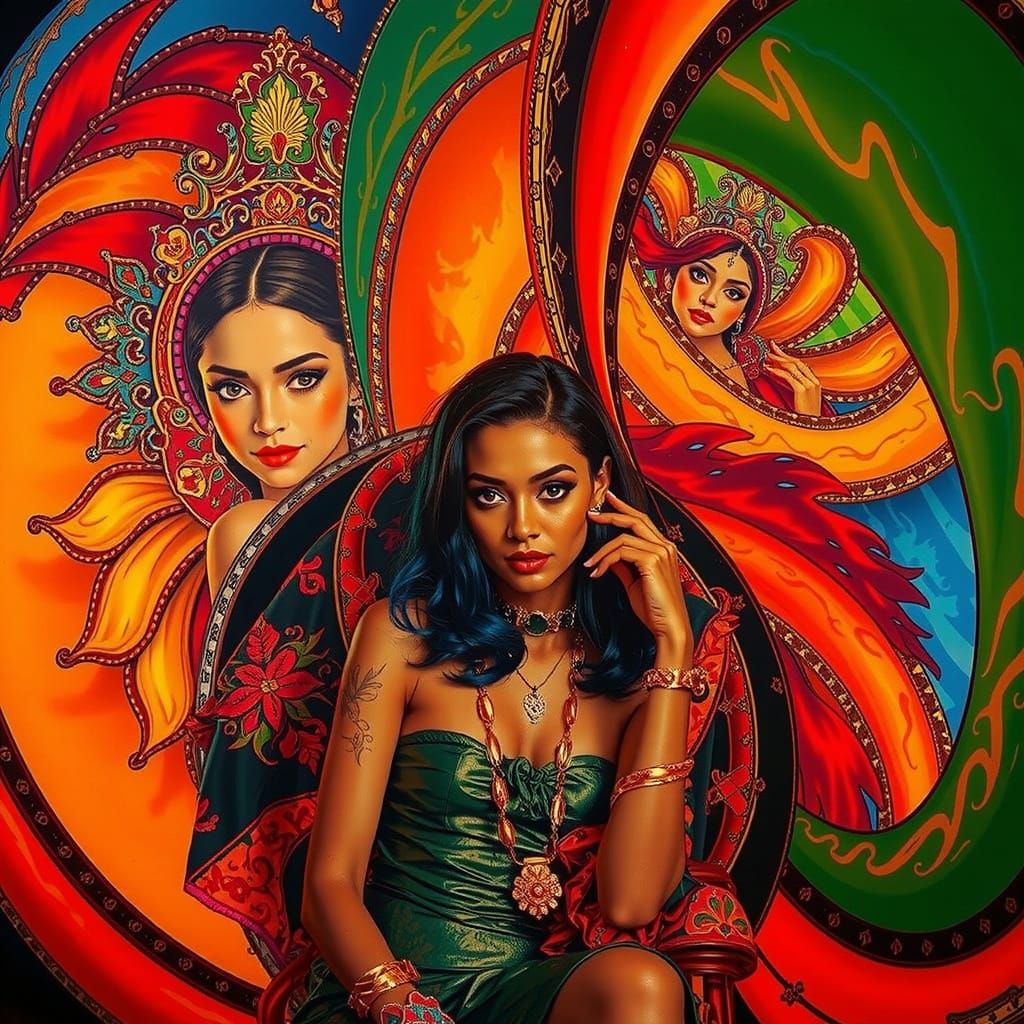 Elegant Woman in Luxurious Surrealist Psychedelic Scene