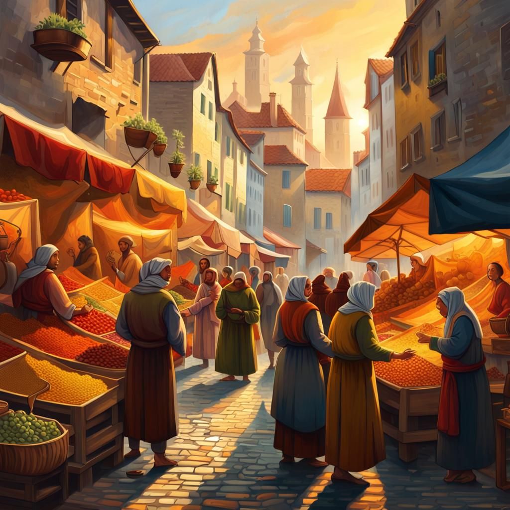 Medieval Port City Market: Oil Painting in Triadic Colors