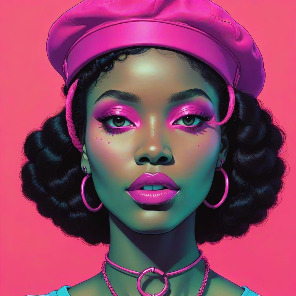 Girl in Raspberry Beret: Synthwave Neon Portrait