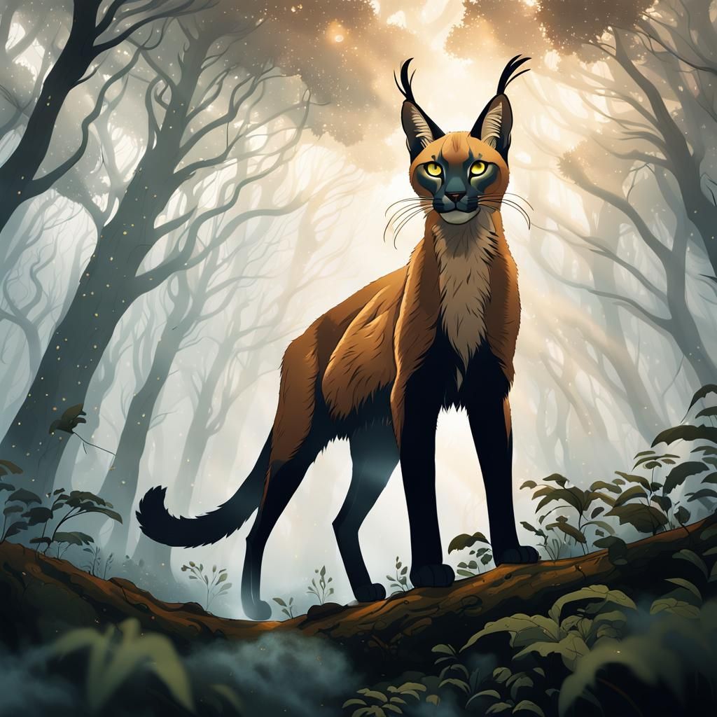 Ethereal Caracal in Misty Forest, Surreal Creature Art