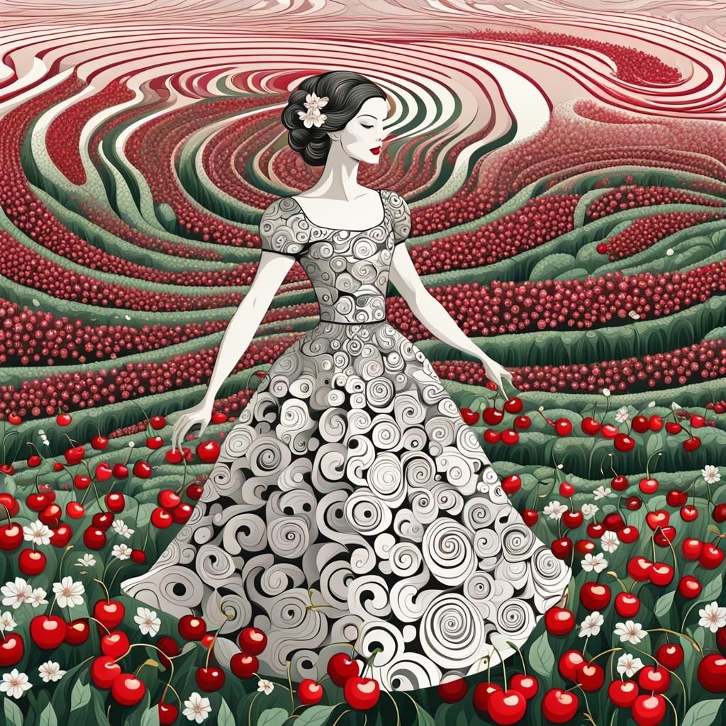Lady in Cherry Dress in Flower Field